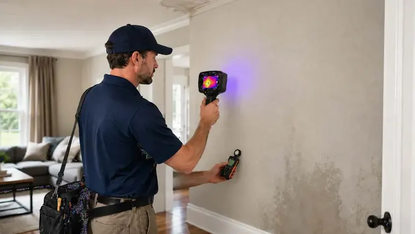 Technician checking a water-stained wall with a thermal camera and a moisture meter