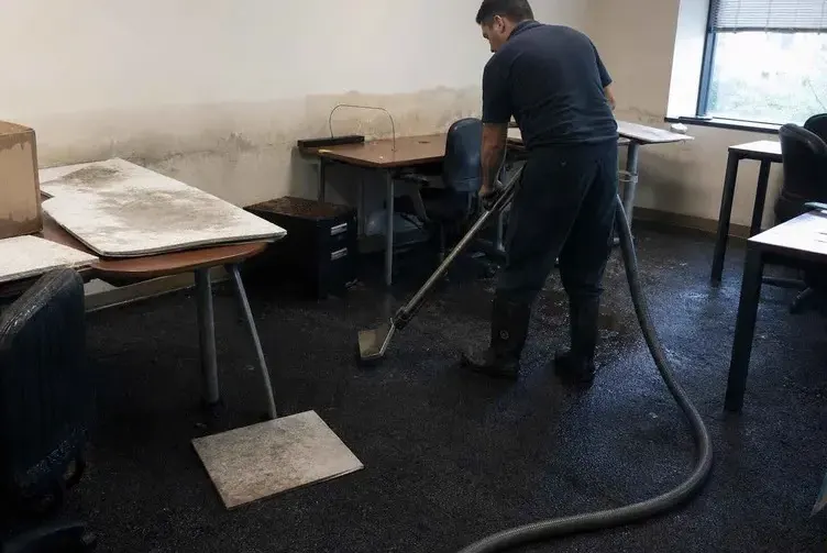 Technician extracting water from a soaked office carpet