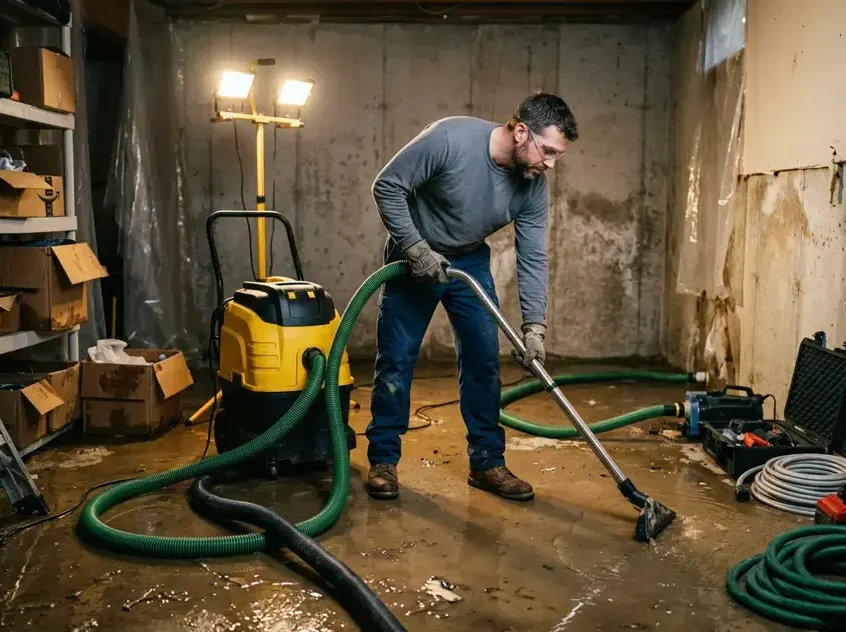 Technician extracting water from a flooded basement floor in an Englewood home