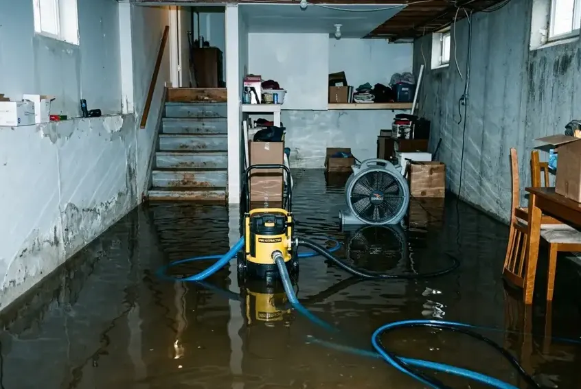Flooded basement with an extractor and hoses running at the foot of the stairs