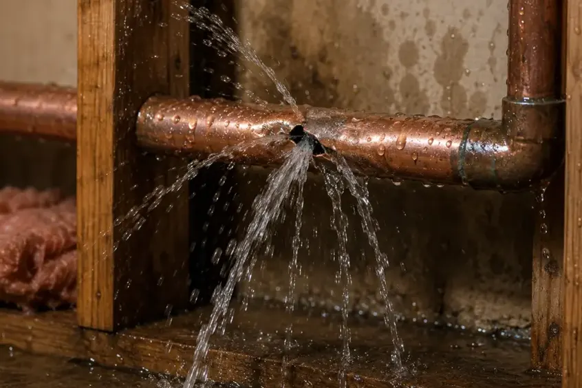 Water spraying from a split copper supply pipe inside an open wall cavity