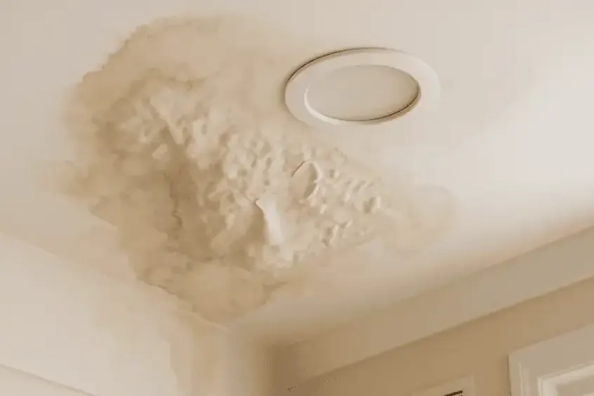 Bulging water stain spreading across a painted ceiling from a leak above