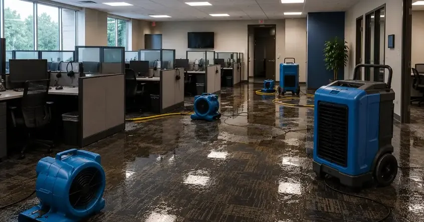 Dehumidifiers and air movers drying a wet carpeted office floor