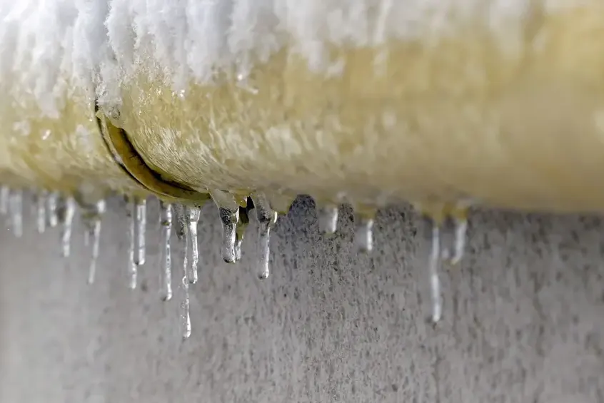 Frost-covered supply pipe with a split seam and icicles after a hard freeze