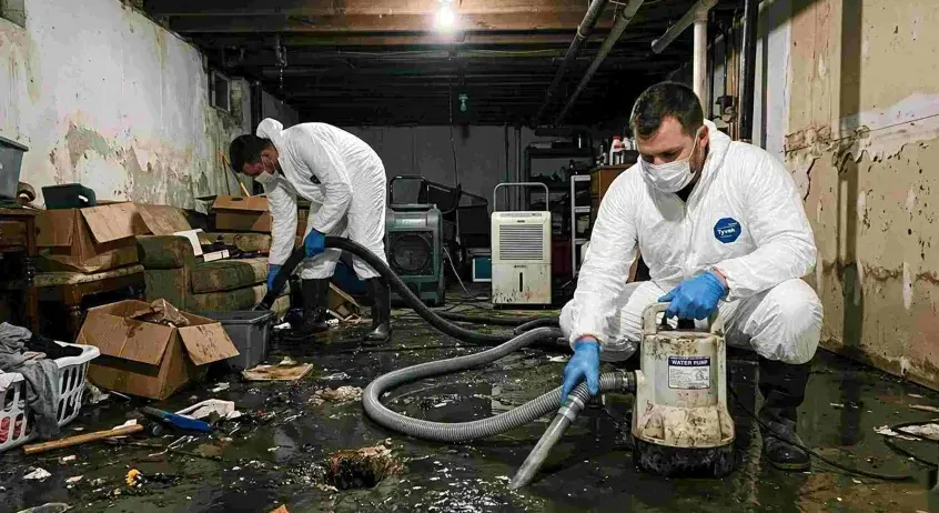 Crew in protective suits pumping a sewer backup out of a cluttered basement