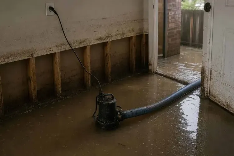 Pump and discharge hose in storm water inside a lower-level room with the drywall cut out