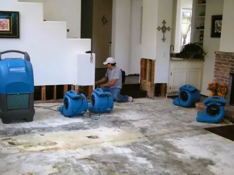 Air movers and a dehumidifier drying a room with the lower drywall removed