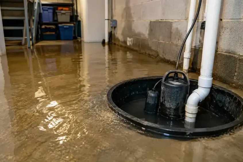 Basement floor flooded around a sump pit after the pump failed