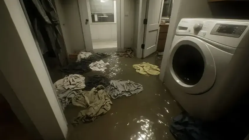 Laundry room flooded around a front-load washer with wet clothes on the floor