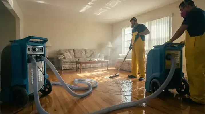 Two technicians running extraction wands across a flooded living room floor in Englewood