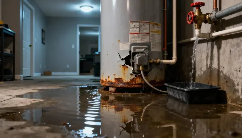 Rusted water heater leaking across a basement utility room floor